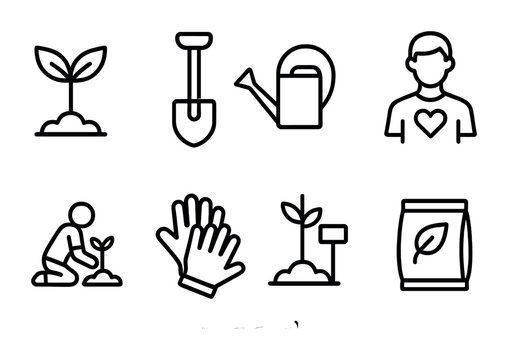 Forest Restoration Icons. Outline icon set of forest restoration: sapling, shovel, watering can, volunteer,