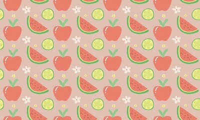 Seamless Fruit and Floral Pattern Apple, Watermelon, Lemon with White and Yellow Flowers in Earth Tone