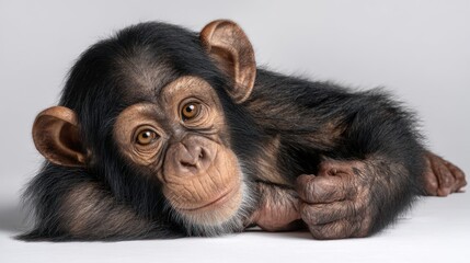 Naklejka premium Adorable baby chimpanzee rests on its arm looking at the camera with expressive eyes