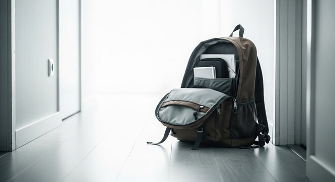 Backpack open with laptop and books placed on floor in hallway 