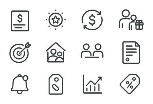 Banking Feature Icons. Outline icon set of personal banking features: salary credit, reward points, cash back