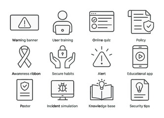Cybersecurity Awareness Icons. Outline icon set of cybersecurity awareness: warning banner, user training,
