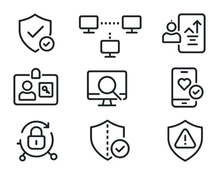 Zero Trust Icons Grid. Outline icon set of zero trust security: verify icon, microsegmentation, least