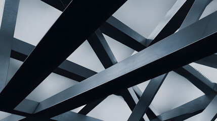 Industrial metal beams forming an abstract geometric composition in a construction setting with cool steel tones.