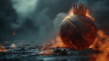 a basketball with a crown on top surrounded by dramatic smoke and flames - Powered by Adobe