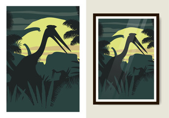 Silhouettes of quetzalcoatlus pterosaurs and sauropods in a prehistoric jungle.Vector poster illustration with dramatic yellow sun, tropical plants, and ancient creatures.