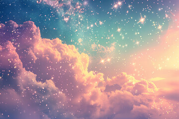 Fototapeta premium Fantasy Sky with Sparkling Stars and Glowing Pink Clouds Under a Turquoise and Golden Light Atmosphere 