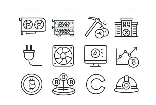 Crypto Mining Icons. Outline icon set of crypto mining: GPU, mining rig, pickaxe icon, mining farm,