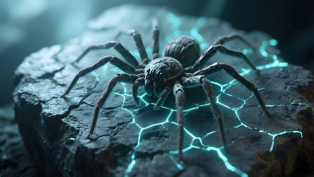 A spider perched on a rock with glowing hexagonal patterns beneath it, creating a futuristic ambiance.