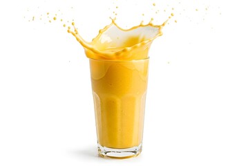 A glass of vibrant orange juice is shown mid-splash, with liquid frozen in motion against a clean white background.
