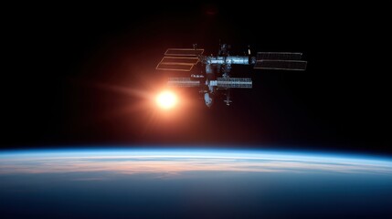 Space station orbiting earth at sunrise astronomy event outer space digital art aerial view scientific exploration