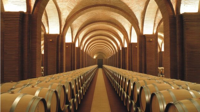 Wine barrel storage vineyard cellar architectural photography elegant atmosphere wide angle view wine culture