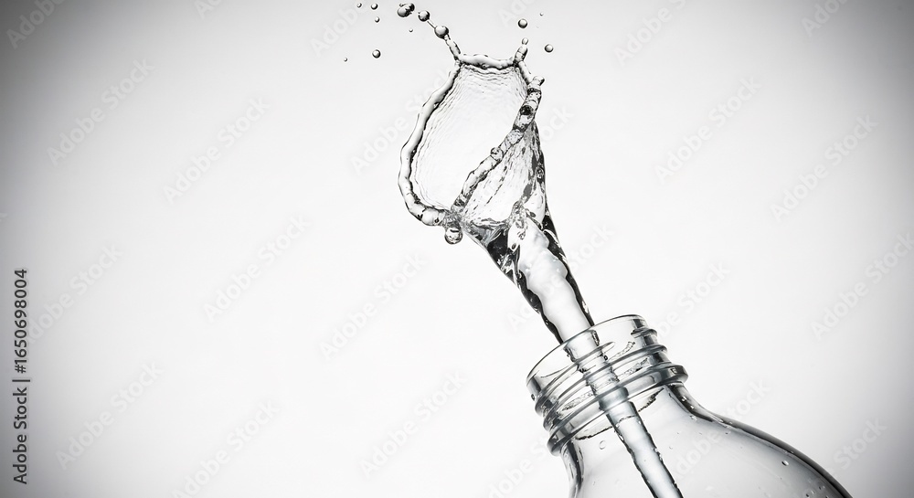 Poster an elegant, high-speed splash of clear water forms a crown as it exits a bottle. minimalist monochro
