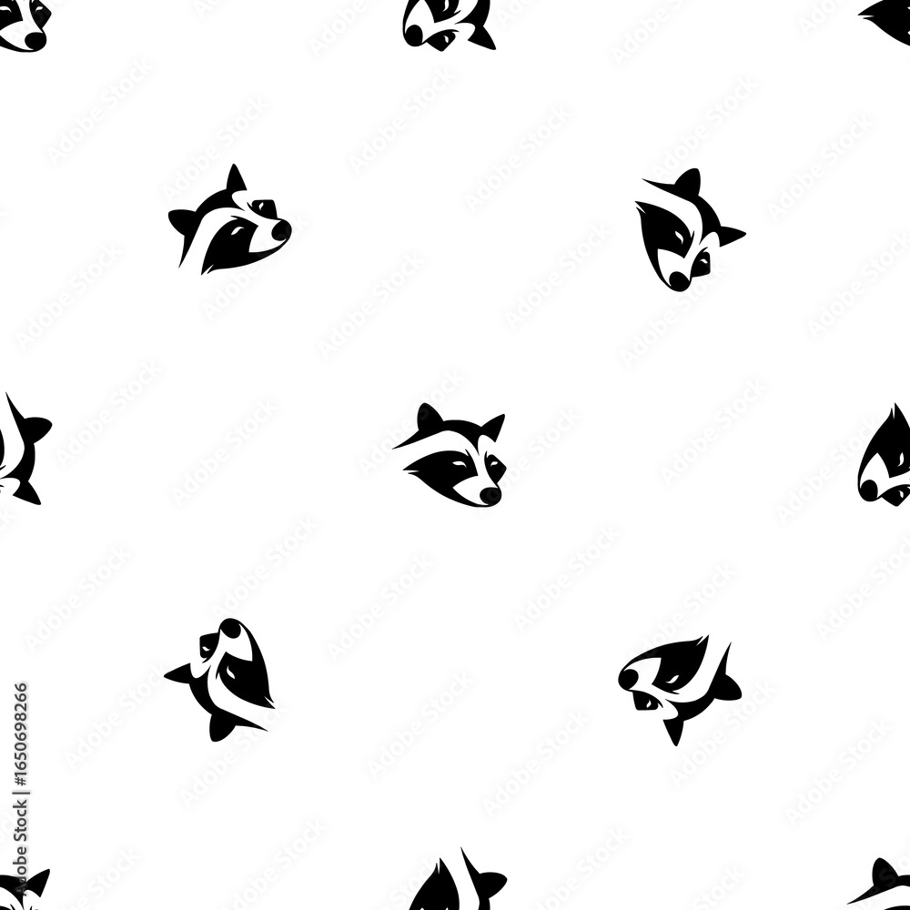 Poster seamless pattern of repeated black raccoon head symbols. elements are evenly spaced and some are rot