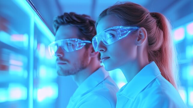 Two scientists wearing safety glasses and lab coats are observing an experiment in a laboratory with blue lighting