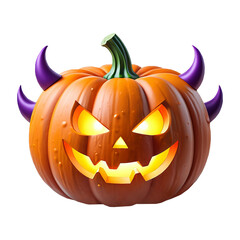 Naklejka premium 3D Evil Halloween Pumpkin with Glowing Face and Demon Horns