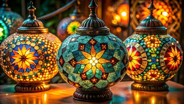 Three ornate moroccan lanterns with colorful mosaic glass, casting a warm and intricate glow, perfect for ambient and decorative lighting