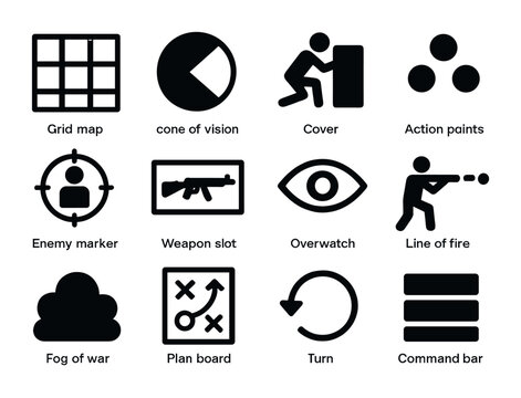 Tactical Game Icons. Outline icon set of tactical games: grid map, cone of vision, cover icon, action points,