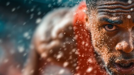 Close-up of a determined athlete pushing his limits in a challenging competition, his face covered in sweat and water droplets