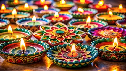 Fototapeta premium Warm glowing diyas and a decorative floral diya light up the night during a vibrant diwali festival celebration