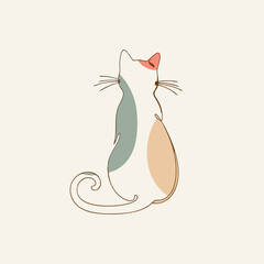 Minimalist Line Art Cat Illustration Abstract Pastel Colored Sitting Cat