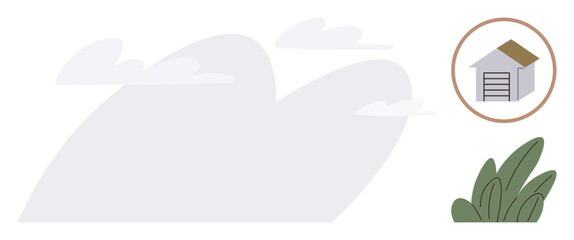 Cloudy sky, circular icon of a small house with a garage, and green shrub. Ideal for real estate, construction, minimalism, home ownership, nature, environmental sustainability simple flat metaphor