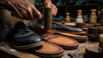 Artisan shoemaker hammering soles onto leather brogues at a cluttered workbench, close-up hands and tools in warm workshop light