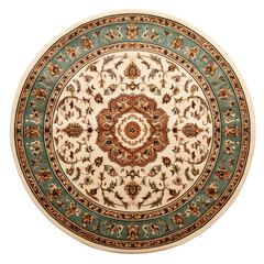 Obraz premium Intricate Rug's Design: An overhead shot captures the detailed design of a round rug, showcasing floral patterns and a blend of earth tones, including cream, brown and teal.