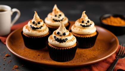 spooky Halloween cupcakes with cinnamon dust, arranged on warm brown plate, food photography style clear composition high resolution