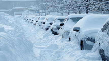 Row of cars buried in deep snow along a city street after heavy blizzard, narrow path plowed between drifts