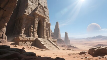 Ancient Temple Ruins in a Desert Landscape with a Large Moon in the Sky