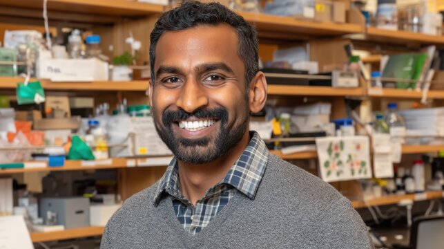 Researcher smiling in science lab academic institution portrait photography indoor environment close-up view inspirational concept