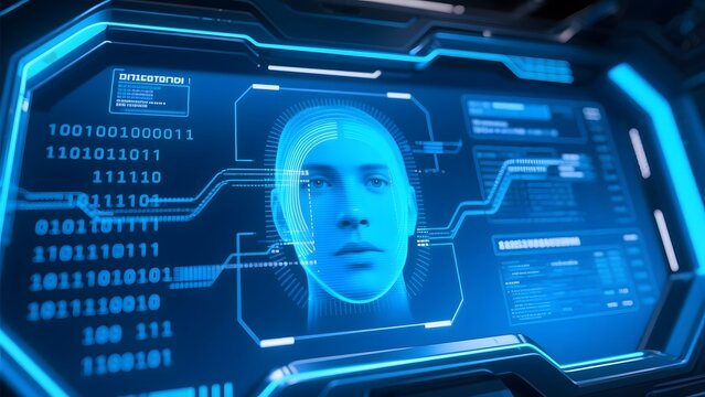 Futuristic Interface Displaying a Human Face with Binary Code and Data Analysis