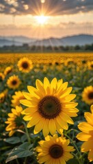 Fototapeta premium Vibrant Sunflower Field at Sunset with Sunburst flowers