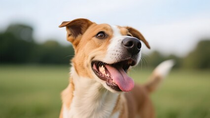 Happy Mixed-Breed Dog with Tongue Out in an Open Field