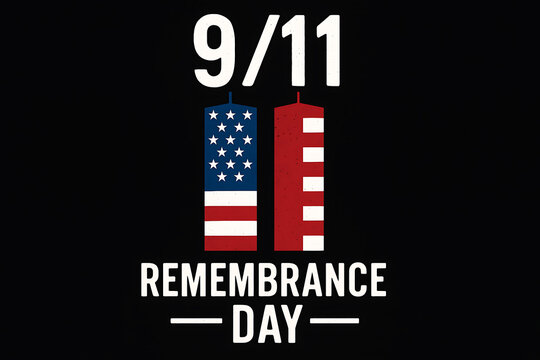 9/11 remembrance day tribute illustration with american flag twin towers on a black background representing solemn honor