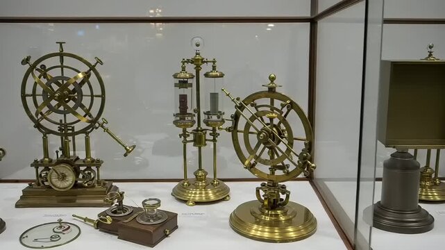 Antique scientific instruments displayed in a glass case
