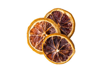 Dried orange slices on white background.	
