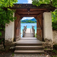 Obraz premium Wooden gateway opens to lake view; steps lead to a pier extending into tranquil blue water, framed by lush greenery