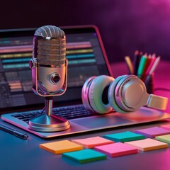 Vivid Podcast Setup Flat Lay with Microphone and Laptop