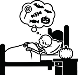 Obraz premium A cartoon skeleton sleeping in bed and dreaming of Halloween candy, bats, and a jack-o'-lantern.