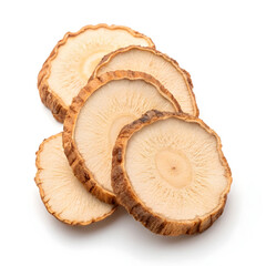 Thin dried galangal slices isolated on white background, commonly used in Southeast Asian