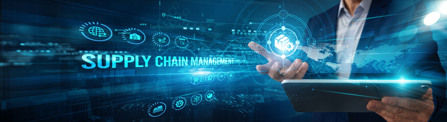 The logistics manager is using a tablet to analyze supply chain management network data procurement, inventory automation tracking transportation forecasting, and efficiency integration.