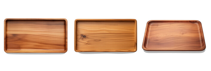 Wooden Tray Collection: Three meticulously crafted wooden trays, each with its unique grain pattern, stand in a row, showcasing the beauty and simplicity of natural wood.