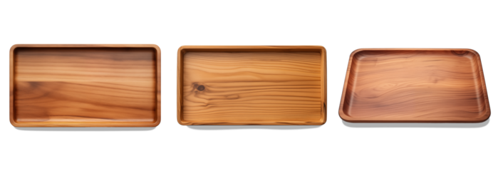 Wooden Tray Collection: Three meticulously crafted wooden trays, each with its unique grain pattern, stand in a row, showcasing the beauty and simplicity of natural wood.