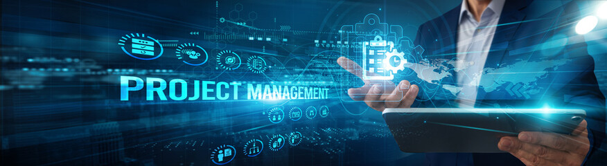 The project manager using a tablet analyzes project management workflow data milestones, timelines automation resources collaboration risk monitoring reporting optimization.