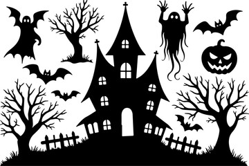 halloween background with house, castle and bats, halloween, house, night, moon, castle, bat, silhouette, holiday, scary, illustration, horror, cartoon, haunted, tree, vector, dark, autumn, spooky, ba