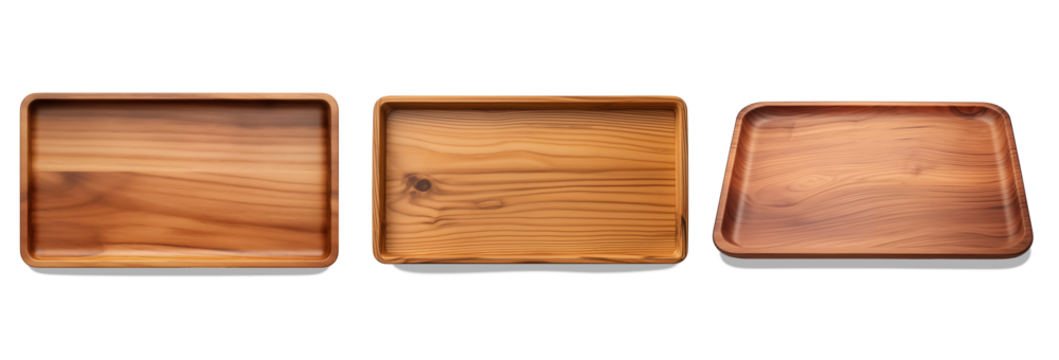 Wooden Tray Collection: Three meticulously crafted wooden trays, each with its unique grain pattern, stand in a row, showcasing the beauty and simplicity of natural wood.