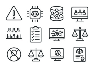 Algorithm Bias Prevention Icons. Outline icon set of algorithmic bias prevention: bias warning symbol,