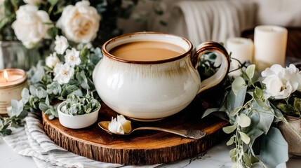 Warm cup of tea with fresh flowers and candles cozy home setting lifestyle photography inviting atmosphere